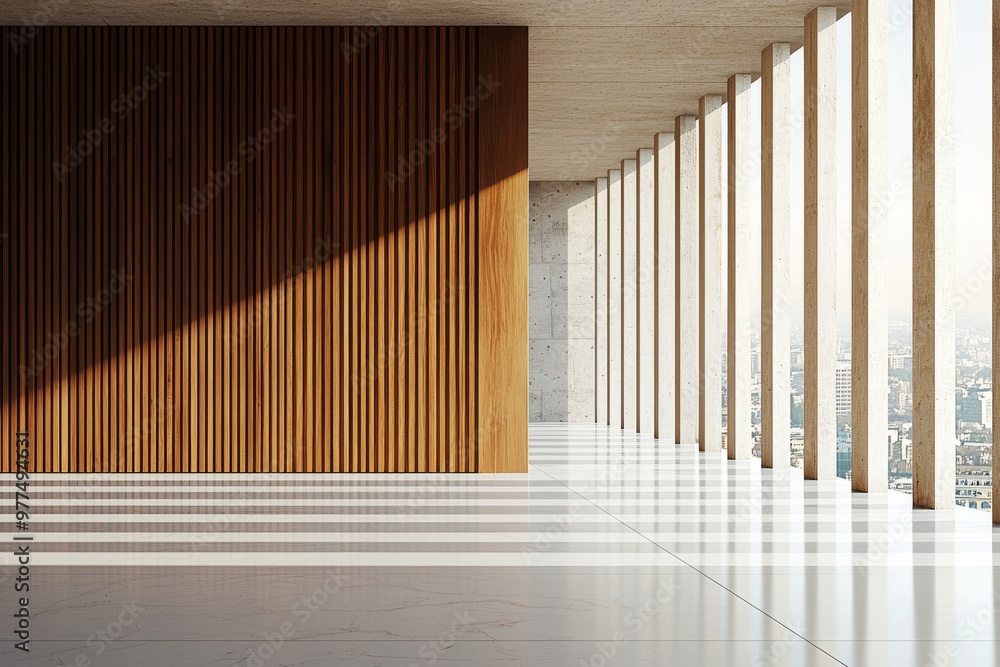 Poster 3d rendering, mockup of concrete floor with skyscrapers in the distance through metallic railings at