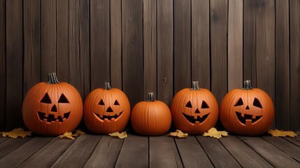 Five carved Halloween pumpkins on a wooden background, creating a festive autumn atmosphere with vibrant orange colors.