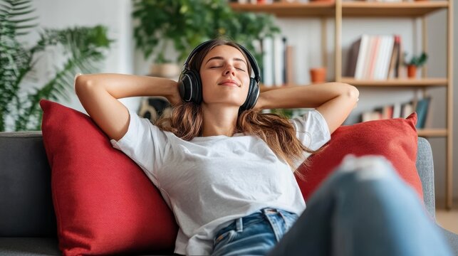 A serene scene of a woman lounging indoors with headphones on, embodying relaxation and mindfulness amidst a cozy environment, away from the bustle of life.