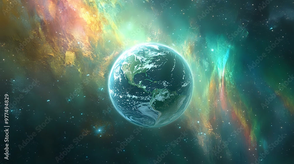 Poster a crystal-clear earth floating in space, with the colorful auroras of a distant planet in the backgr