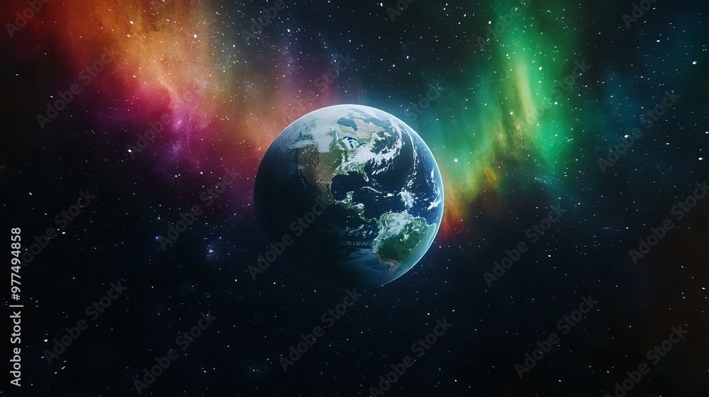 Poster a crystal-clear earth floating in space, with the colorful auroras of a distant planet in the backgr