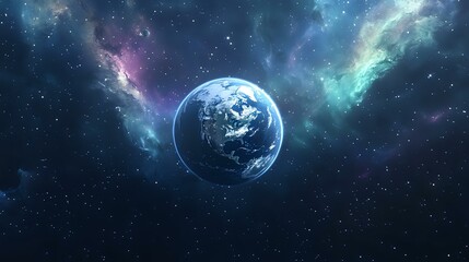 Obraz premium A crystal-clear Earth floating in space, with the colorful auroras of a distant planet in the background, highlighting interstellar exploration and unity