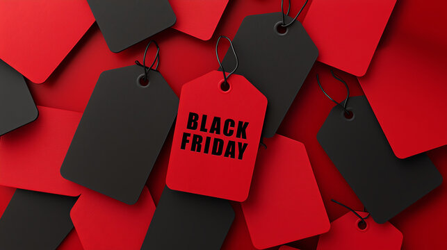 Black Friday sale tags, bold red and black, 3D illustration, copy space for text,