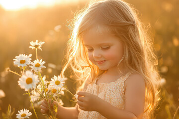 Fototapeta premium Little Girl Holding Daisies in Summer Meadow