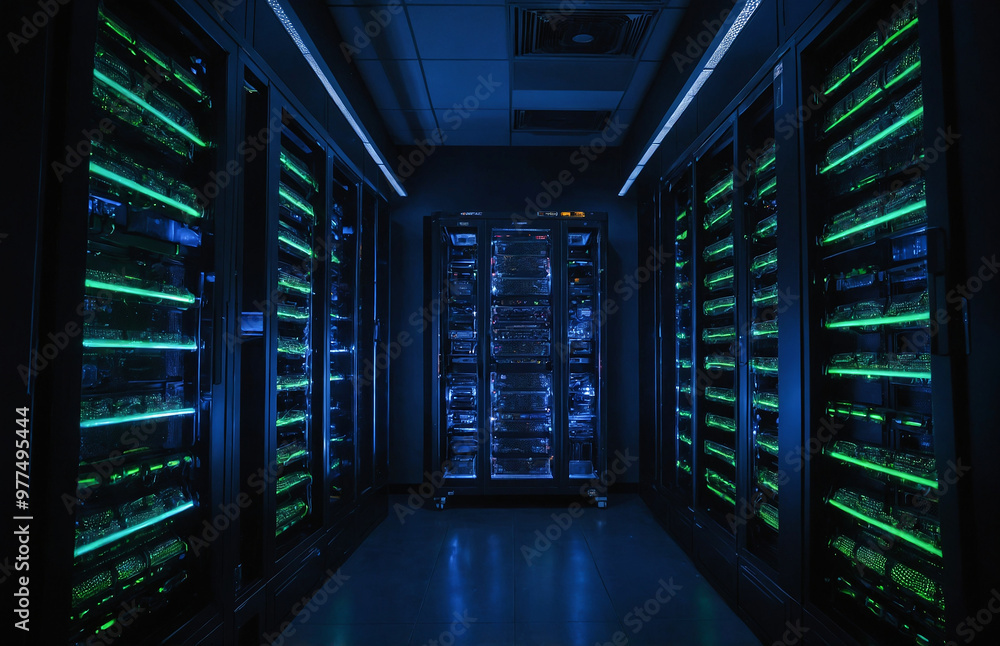 Poster lean data server rack with glowing led lights