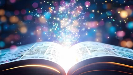 An open book with sparkling lights and colors emanating from its pages, creating a magical and enchanting atmosphere.