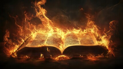 Dramatic depiction of a Bible surrounded by flames, symbolizing the power and passion of the Word