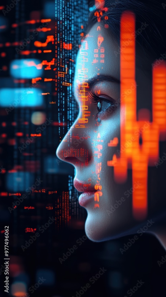 Poster a close-up profile of a woman against a background of dynamic digital data, representing technology 