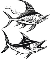 Black and white Detailed Hand Drawn Sword Fish vector Illustrations.