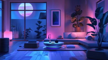 Modern Living Room with Nighttime View