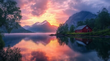 Fototapeta premium scene of a serene lake nestled among beautiful mountains, capturing the essence of tranquility and the vibrant beauty of nature