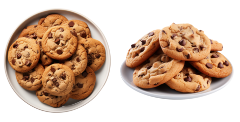 Plate of Chocolate Chip Cookies,side and top view, isolated on a transparent background