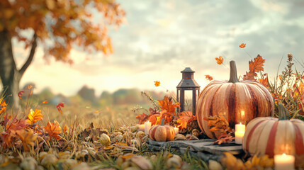 A serene Thanksgiving harvest landscape featuring pumpkins, autumn leaves, and lantern, creating tranquil atmosphere in beautiful outdoor setting