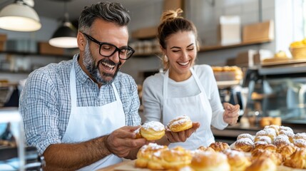 A bearded man and a woman in aprons laugh together, enjoying handmade pastries in a brightly lit bakery, showcasing the joy of baking and culinary art.