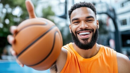 An energetic basketball player grins warmly as he holds a ball, radiating vitality and sporting happiness on an outdoor court under bright sunshine.