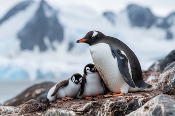 A charming scene of a penguin family resting on rocky terrain. The parent penguin stands protectively over two fluffy chicks. A beautiful moment captured in nature. Generative AI
