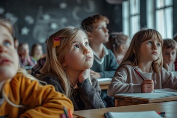 Pensive schoolgirl writing test in classroom.