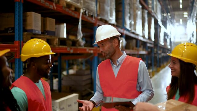 Diverse team of warehouse workers collaborating in busy distribution center