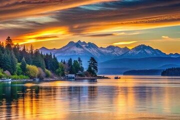 Serene sunset over Puget Sound's calm waters, with Olympic Mountains rising in the distance, in picturesque Kitsap County, Washington State.
