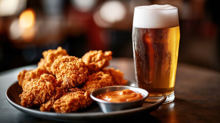 Plate of crispy fried chicken served with a small dish of dipping sauce and a frosty glass of beer on a table with a blurred background.