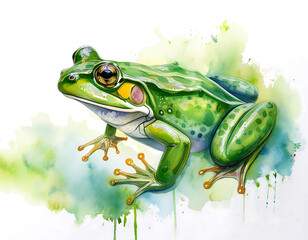 green frog painted watercolor abstract brushstrokes naturalistic details