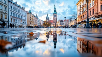 A European city square featuring beautiful historic buildings and a church tower is captured at dawn, with the wet pavement creating mesmerizing reflections of the scenery.