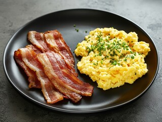 Plate of scrambled eggs garnished with chives and crispy bacon slices on a black dish. Keto. Carnivore diet. 