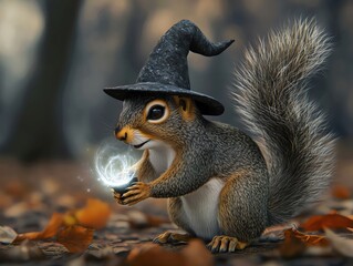 Obraz premium Squirrel in a wizard hat casting spells in a haunted forest, wizard squirrel, magical woodland creature