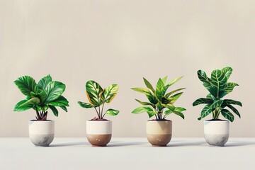 Fototapeta premium Collection of various houseplants displayed in ceramic pots with transparent background. Potted exotic house plants on white shelf against white wall. Home garden banner