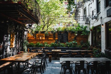 Outside in the backyard, a patio area with furniture and plants is surrounded by tall green trees