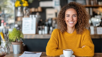 A smiling woman with curly hair in a mustard sweater is seated at a cafe table with a cup of coffee, exuding a cheerful and friendly vibe in a modern setting.
