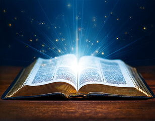 open bible glowing light representing history worship kingship