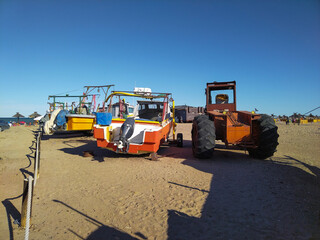Anchored boats, piedras coloradas beach, rio negro province, argentina