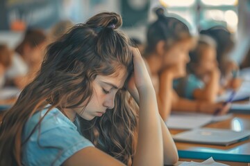 Pensive schoolgirl writing test in classroom.