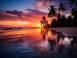 Stunning tropical beach at sunset with palm trees and vibrant reflections on the water