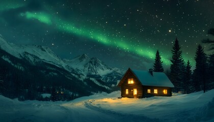 Fototapeta premium A wooden cabin isolated in a mountainous winter landscape during Aurora borealis