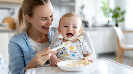 Fototapeta premium A happy mother feeds her smiling baby in a sunny kitchen setting, showcasing the joy of nurturing and family bonding moments in a vibrant home environment.
