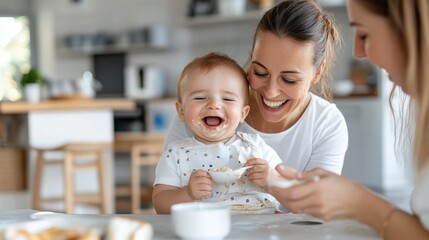 Two women joyfully interact with a baby during breakfast in a cozy kitchen, demonstrating family bonds, nurturing, and happiness in a brightly lit home setting.