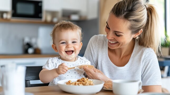 A smiling baby and mother share a meal at home, showcasing the happiness and nurturing warmth that comes from family meals and cherished moments together.