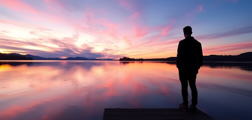 A person enjoying a vibrant sunset by the tranquil lake surrounded by mountains in the early evening