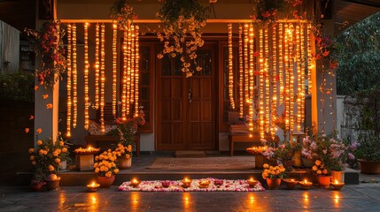 Beautifully decorated front door for Diwali, with glowing diyas, string lights, and flower garlands