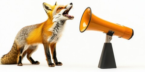 Fototapeta premium Fox with Megaphone - Clever Animal Communication Concept on White Background
