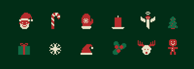 Vintage 8 bit simple Merry Christmas icon set. Festive Xmas symbols in pixel art. Happy New Year collection in retro video game style.