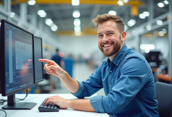 The engineer manager smiles and points at the monitor at the factory