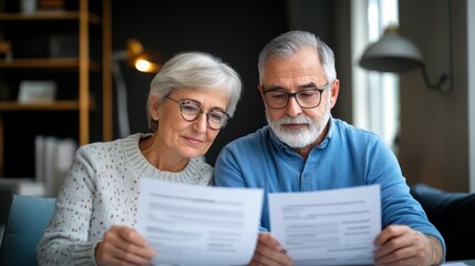 An older couple analyzes documents in a modern, minimalistic work space, emphasizing collaboration, focus, and attention to detail in a professional environment.