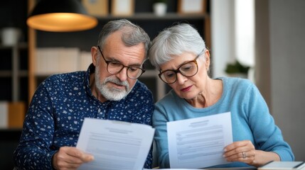The senior couple scrutinizes important documents at a dining table, embodying experience and collaboration in a peaceful, homely setting filled with warmth.