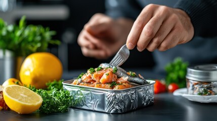 Chef's hands marinating fresh salmon with herbs in a shiny silver container, surrounded by lemons, herbs, and vegetables, illustrating a culinary preparation moment.