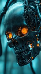 Sci-fi floating cyborg skull in futuristic lab with cables attached