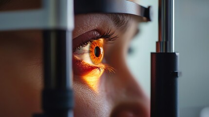 A close-up of a human eye during an eye examination, showcasing the intricate details and reflections.
