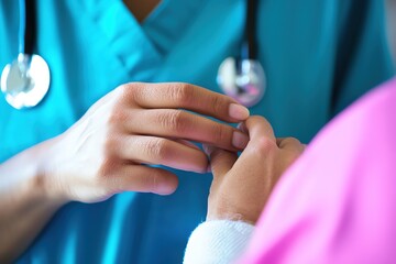 A healthcare professional gently examines a patient's hand, symbolizing care and compassion in a medical setting.